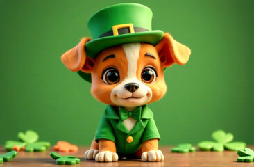 St. Patrick's Day postcard, cartoon style. a small red-haired puppy in a hat and a leprechaun costume on a green background with lights. 3d image