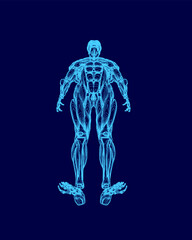 Blue image of a man with his legs spread apart. The man is wearing a blue shirt and has a blue background. The image has a futuristic and sci-fi feel to it