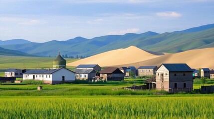 Rural Village by Sand Dune and Mountains
