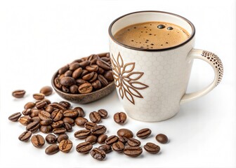 Fototapeta premium Coffee Mug and Grinded Coffee Beans Concept Photography Isolated on White Background