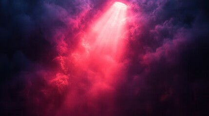 Fototapeta premium Ethereal Light Beam Shining Through Mysterious Dark Clouds in Shades of Pink and Purple, Creating a Dreamlike Atmosphere in the Night Sky