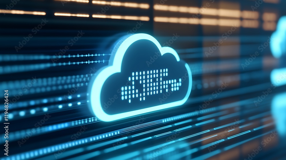 Poster futuristic cloud computing illustration with data flow and digital elements in blue and orange color