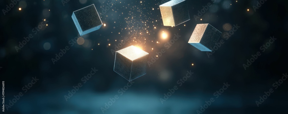 Poster floating cubes representing mortgage concepts in a digital environment abstract visuals technology c