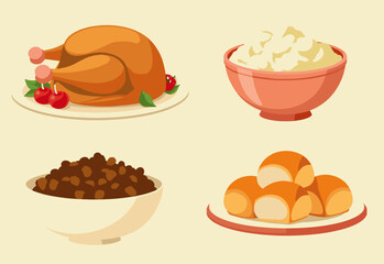 Delicious Thanksgiving Dinner Vector Illustration with Turkey, Mashed Potatoes, Stuffing, and Dinner Rolls on White Background