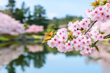 Beautiful cherry blossoms reflecting in a serene pond under a clear blue sky.