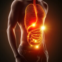 Glowing human torso with vibrant focal point in the stomach area representing inner energy and vitality. Generative AI