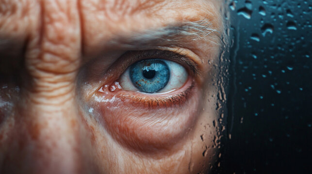 Intense Close-Up of an Eye Behind a Rain-Drenched Window Pane