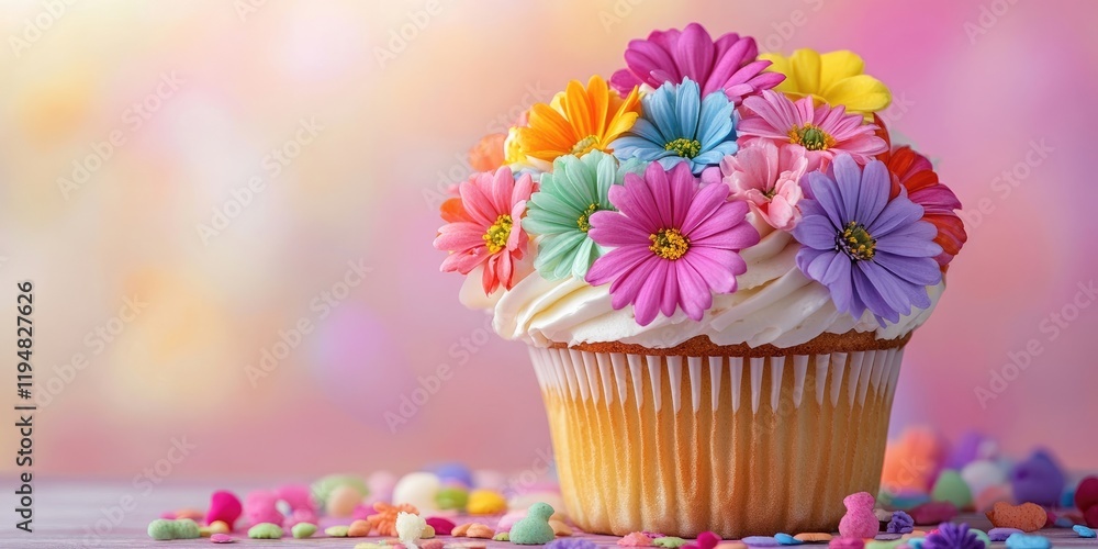 Poster vibrant cupcake topped with multicolored flowers set on a blurred pastel background with a horizonta