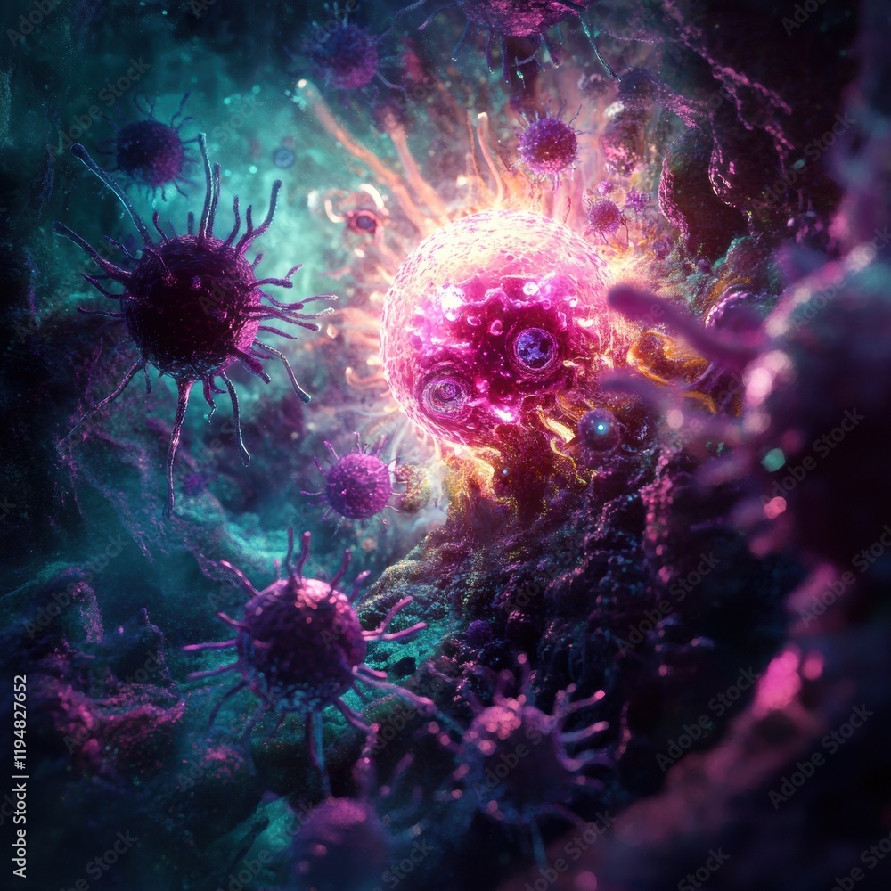 Fototapete Glowing cell in a dark environment surrounded by menacing viruses with vibrant colors and textures. Generative AI