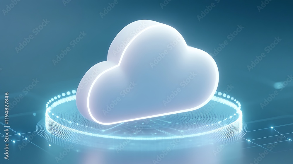 Poster futuristic cloud icon in bright neon light with digital elements representing technology and connect
