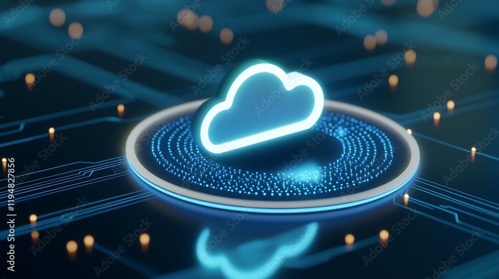 Poster futuristic cloud icon illuminated with blue light on a digital circuit background for technology and