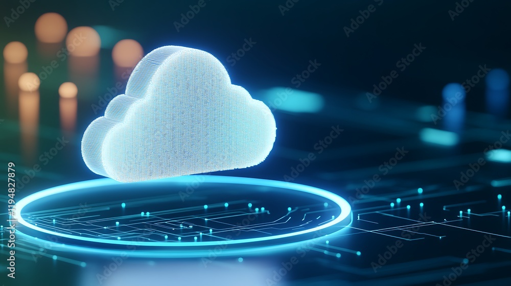 Poster futuristic cloud icon hovering over digital circuit board illustrating data storage and cloud comput