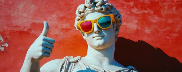 Ancient Greek statue giving a thumbs-up, adorned with colorful sunglasses. A playful fusion of classical art and modern pop culture, ideal for stock use in creative, artistic, or trendy design project