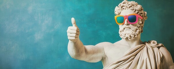 Ancient Greek statue giving a thumbs-up, adorned with colorful sunglasses. A playful fusion of classical art and modern pop culture, ideal for stock use in creative, artistic, or trendy design project © Влада Яковенко