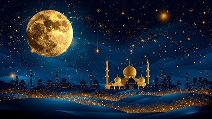 Night cityscape, moonlit mosque, golden lights, desert landscape, holiday greeting