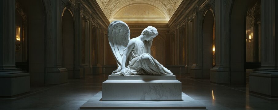 angel sculpture, illuminated statue, dramatic lighting, ethereal beauty, marble texture, classic art, serene atmosphere, historical significance, peaceful expression, museum exhibit
