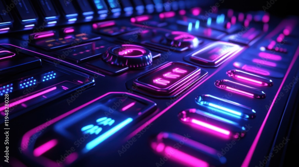 Poster futuristic control panel display with vibrant neon lights and buttons