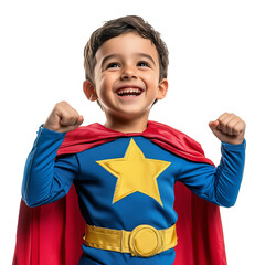 Laughing Hispanic boy in superhero costume isolated on transparent background