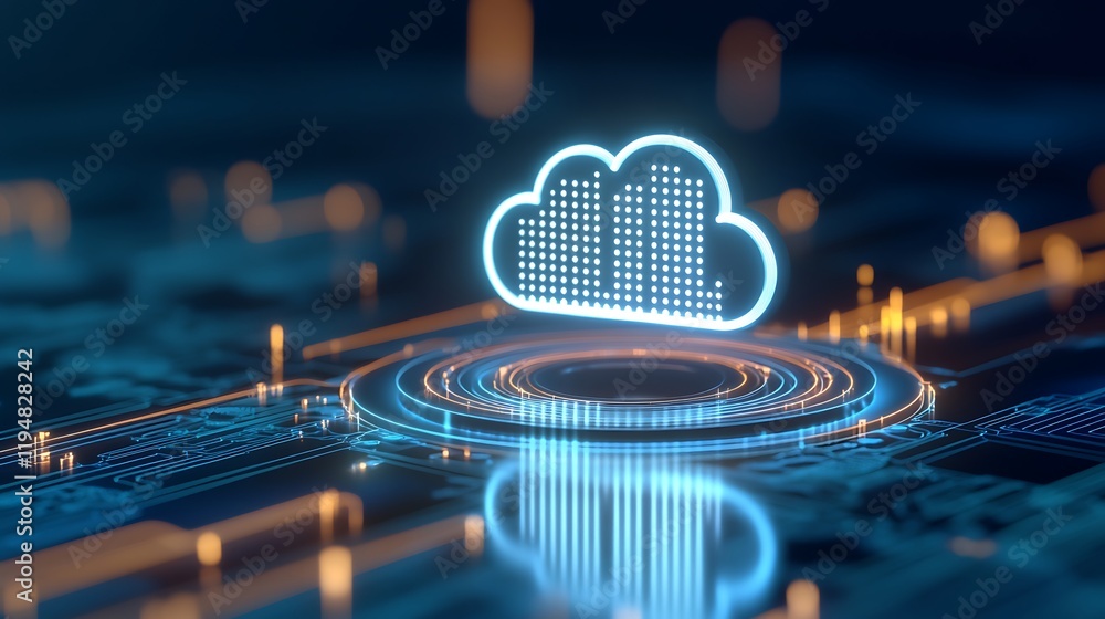 Poster futuristic cloud icon on digital interface with glowing circuit elements and data flow visualization
