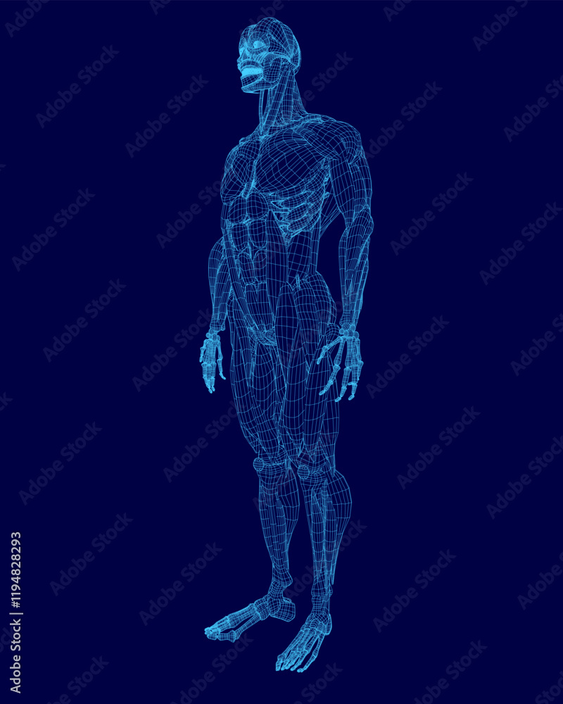 Poster blue image of a human figure with a blue background. the figure is in a standing position and he is 