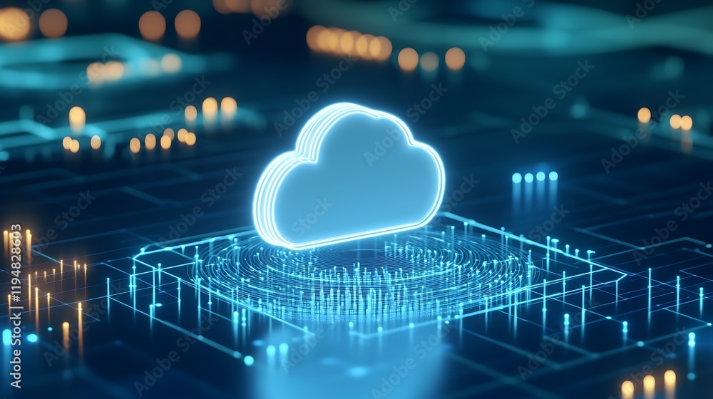 Poster futuristic cloud icon surrounded by digital circuitry representing data storage and connectivity in 