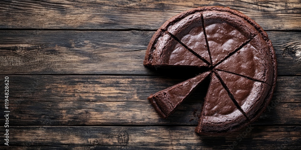 Poster aerial view of a chocolate cake on dark rustic wood with one slice removed showcasing a rich brown t