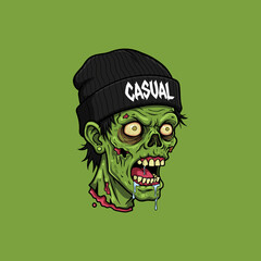 A cartoon illustration depicts a decaying zombie head wearing a black beanie with the word casual on it.