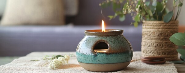 aromatherapy decor, earthenware oil burner diffusing a calming scent of eucalyptus and mint, enhancing the homes ambiance with a refreshing fragrance