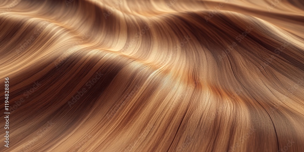 Poster flowing waves of polished wood grain in warm brown hues with soft textures creating depth and dimens