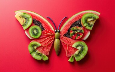 A vibrant butterfly made from watermelon wedges for wings and a kiwi slice for the body, displayed on a bright red background