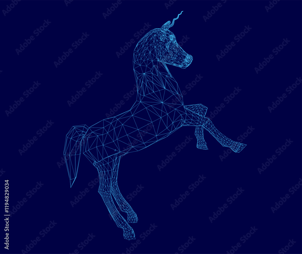 Poster blue unicorn is jumping in the air. the image is a digital rendering of a horse, with a blue backgro