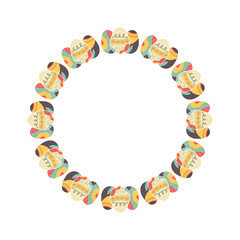 Easter egg round frame designs. Easter holiday egg hunt border in colorful flat style with ornaments. Retro wreath. Stock illustration card