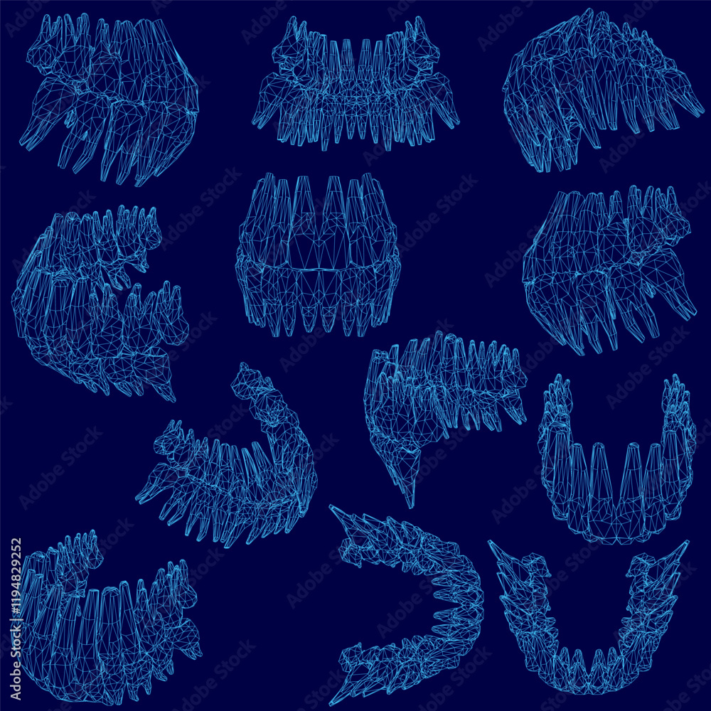 Poster series of blue images of teeth. the images are all different sizes and shapes, but they all have a s