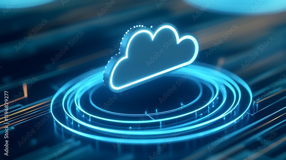 Aufkleber futuristic cloud icon with digital circuits and neon glow in abstract technology background