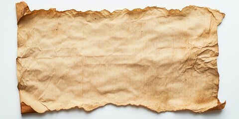 Fototapeta premium Aged parchment paper with uneven edges in warm beige tones centered on a clean white background, textured surface highlights vintage qualities.