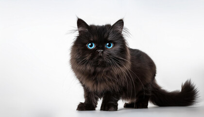 A Black Standing Persian cat, blue eyes set against a clean white background