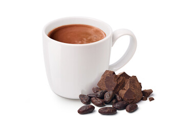 Cocoa drink with cocoa mass and cocoa beans isolated on white background. Clipping path