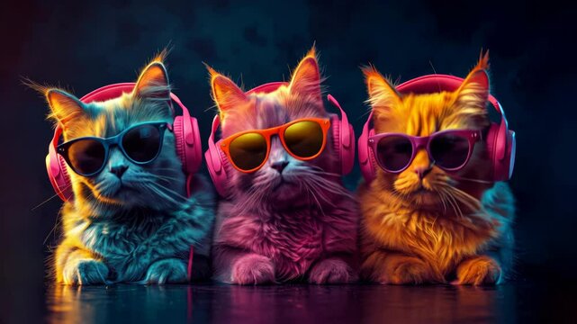 A group of three multi-colored cats with headphones and sunglasses move synchronously on a dark background.