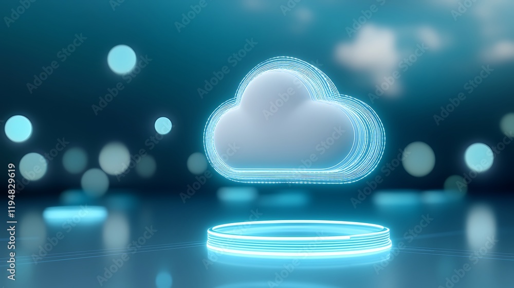 Poster futuristic cloud icon with neon glow and soft bokeh background for technology and digital concepts