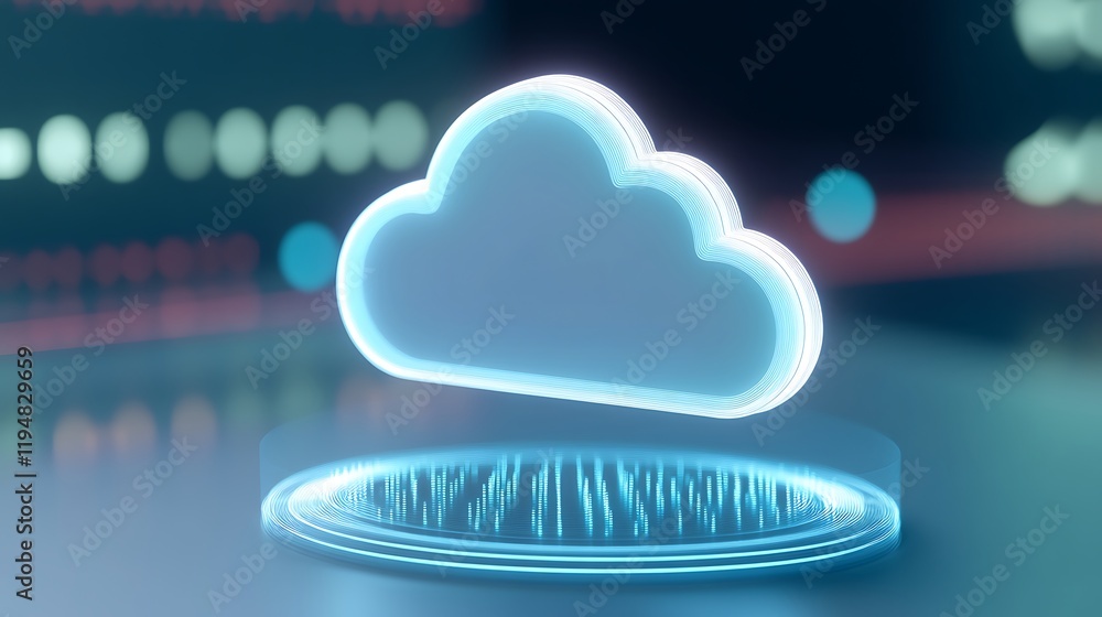 Poster futuristic cloud icon with neon glow in digital data landscape for technology and communication conc