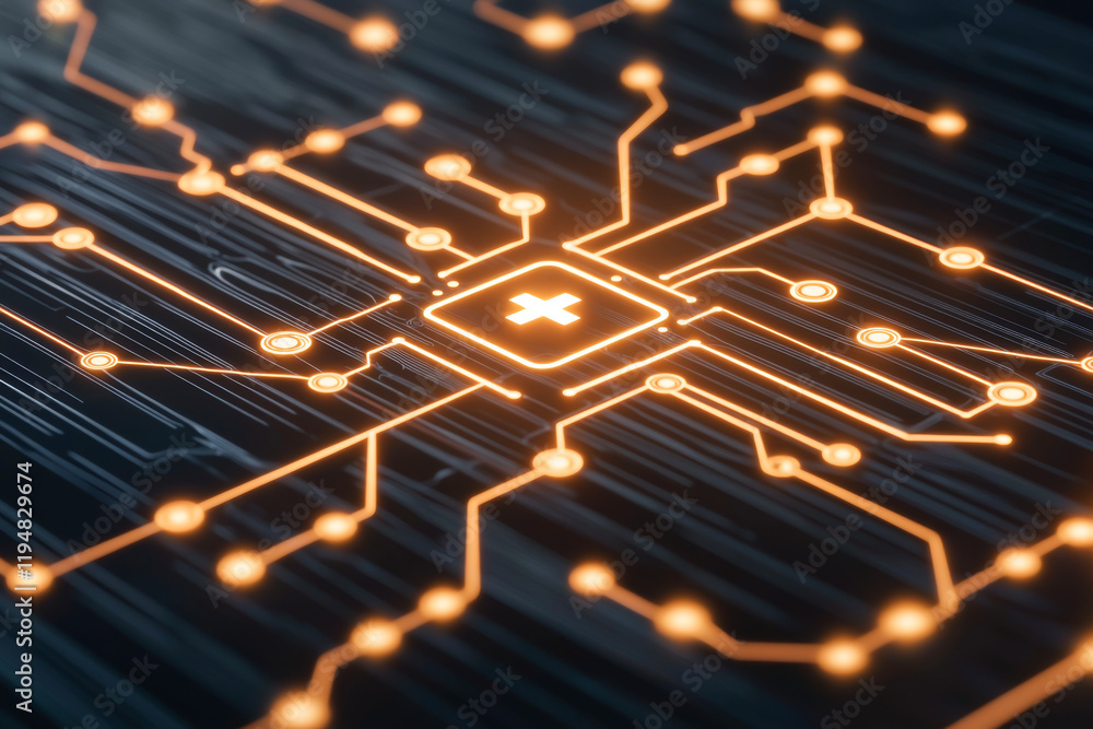 Poster close-up of an intricate circuit board with glowing connections and modern design.