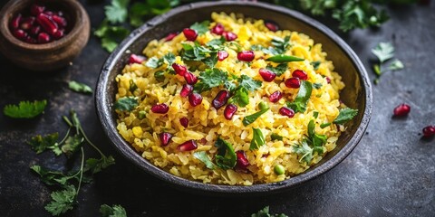 Traditional Indian breakfast bowl of Poha garnished with pomegranate seeds green chilies and fresh coriander on a dark rustic background