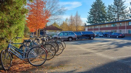 Fototapeta premium A suburban parking area at a school, with minivans and bicycles parked side by side