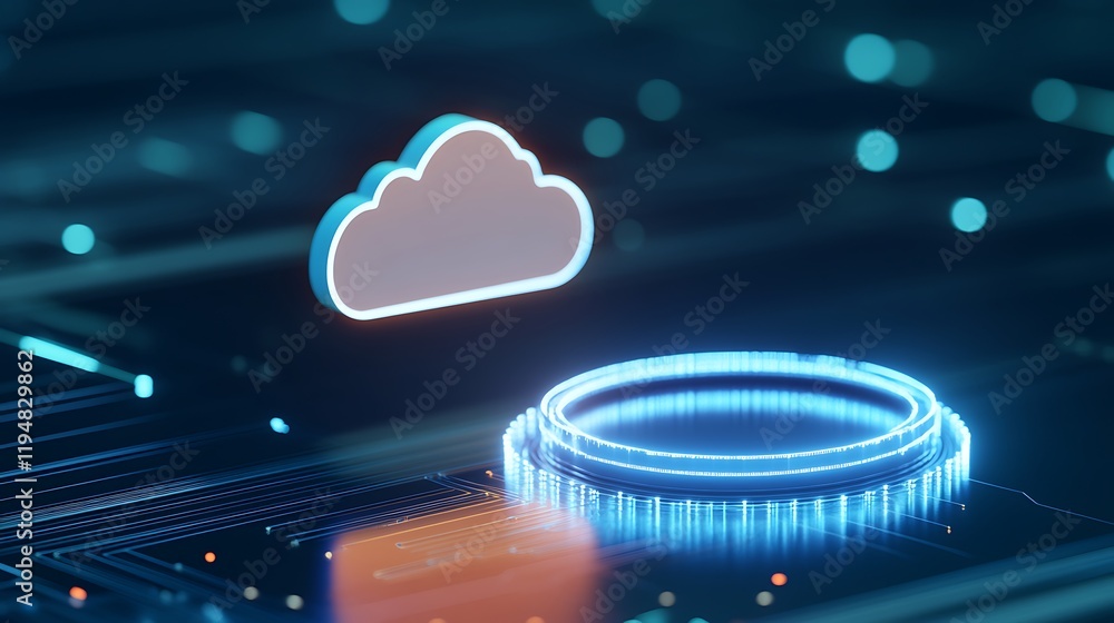 Poster futuristic cloud icon with neon lights and abstract technology background for digital services and d