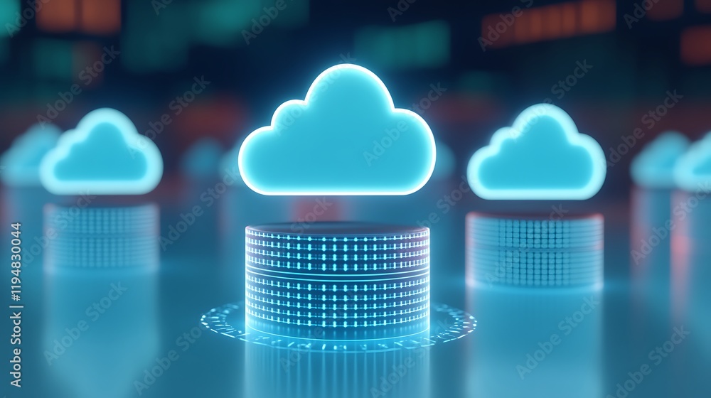 Poster futuristic cloud storage concept with data processing and digital elements in a modern setting