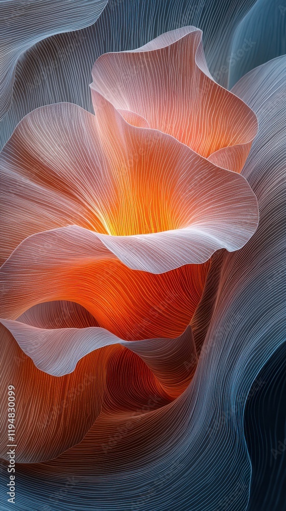 Poster glowing abstract flowerlike shapes in soft layers artistic digital art tranquil environment close-up