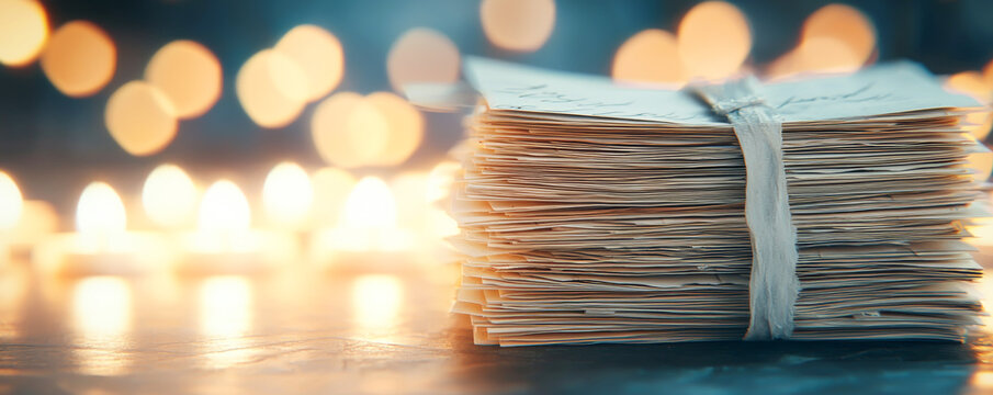 Close-up of stacked documents with warm light bokeh in the background, symbolizing organization.