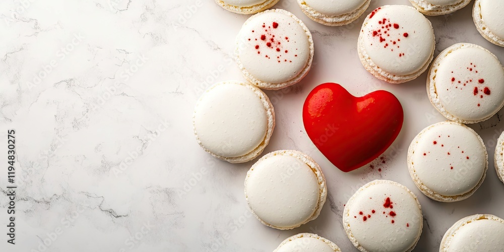 Poster aerial view of white macarons scattered around a central red heart on a light marble background with