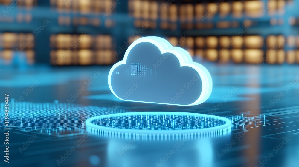 Poster futuristic cloud storage concept with dotted patterns and floating digital interface in a modern tec