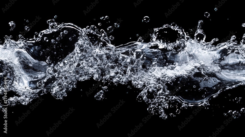 Poster dynamic water splash with bubbles frozen in time against a stark black background